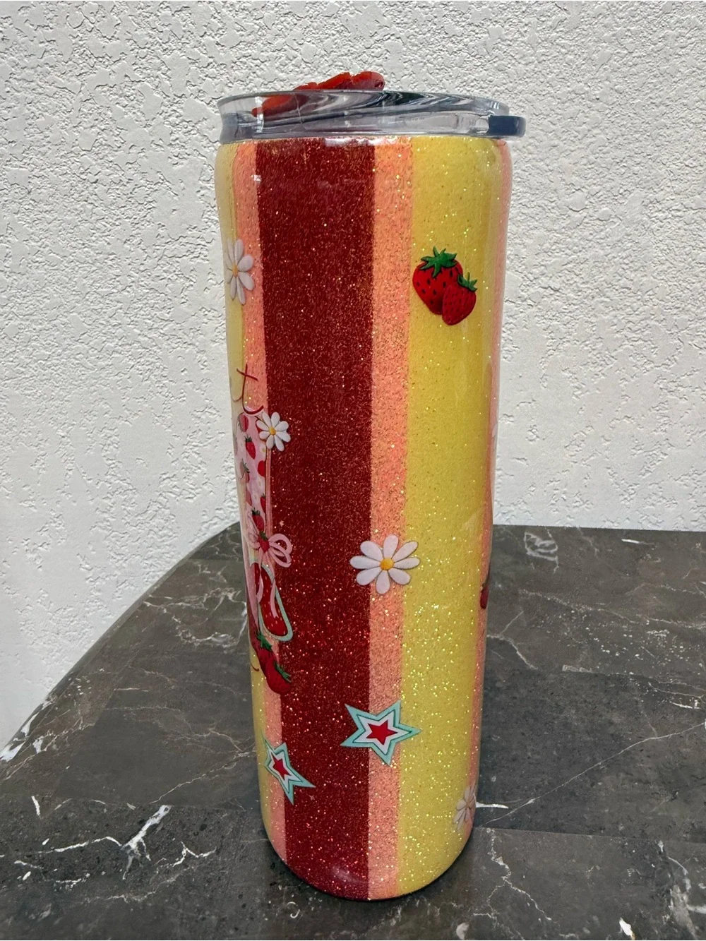 Summer Colorful Strawberry Stripes Glitter 30 oz Skinny Tumbler Cup Handmade
